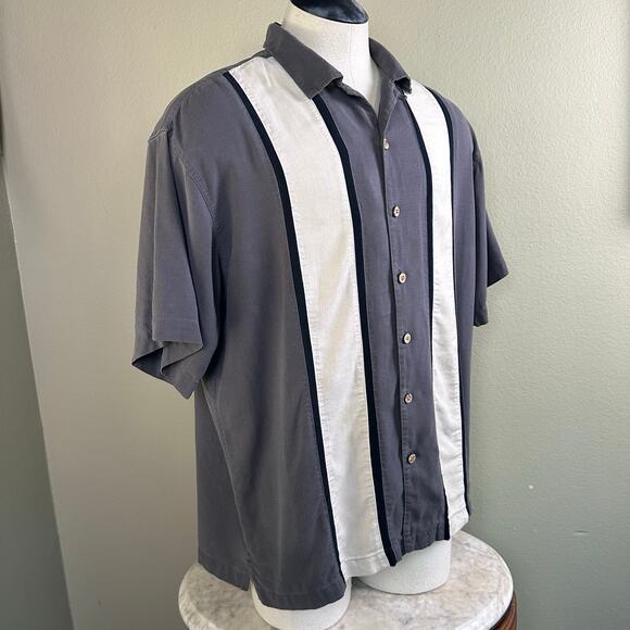 Island Shores Washable Silk Men XXL Cuban Shirt Grey Black Ivory Short sleeve - Picture 3 of 14